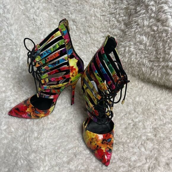 Steve Madden STF Floral Multi color patent lace up Stilettos pointed toe SZ8M - Picture 2 of 11
